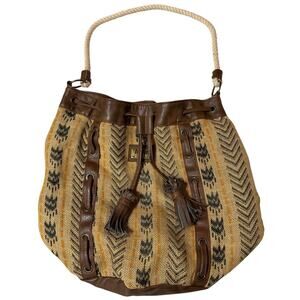 BillaBong Boho Tribal Print Faux Leather/ Burlap Bucket Bag W/ Fringe Tassel